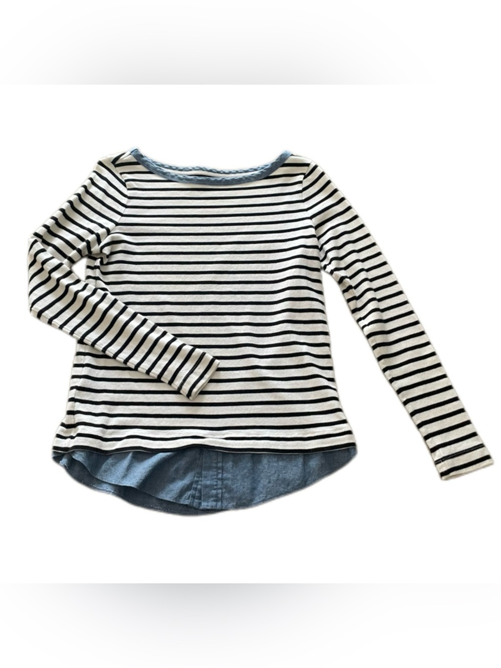 LOFT Black & White Striped Long-Sleeve Top with Denim-Look Layered Hem - XS